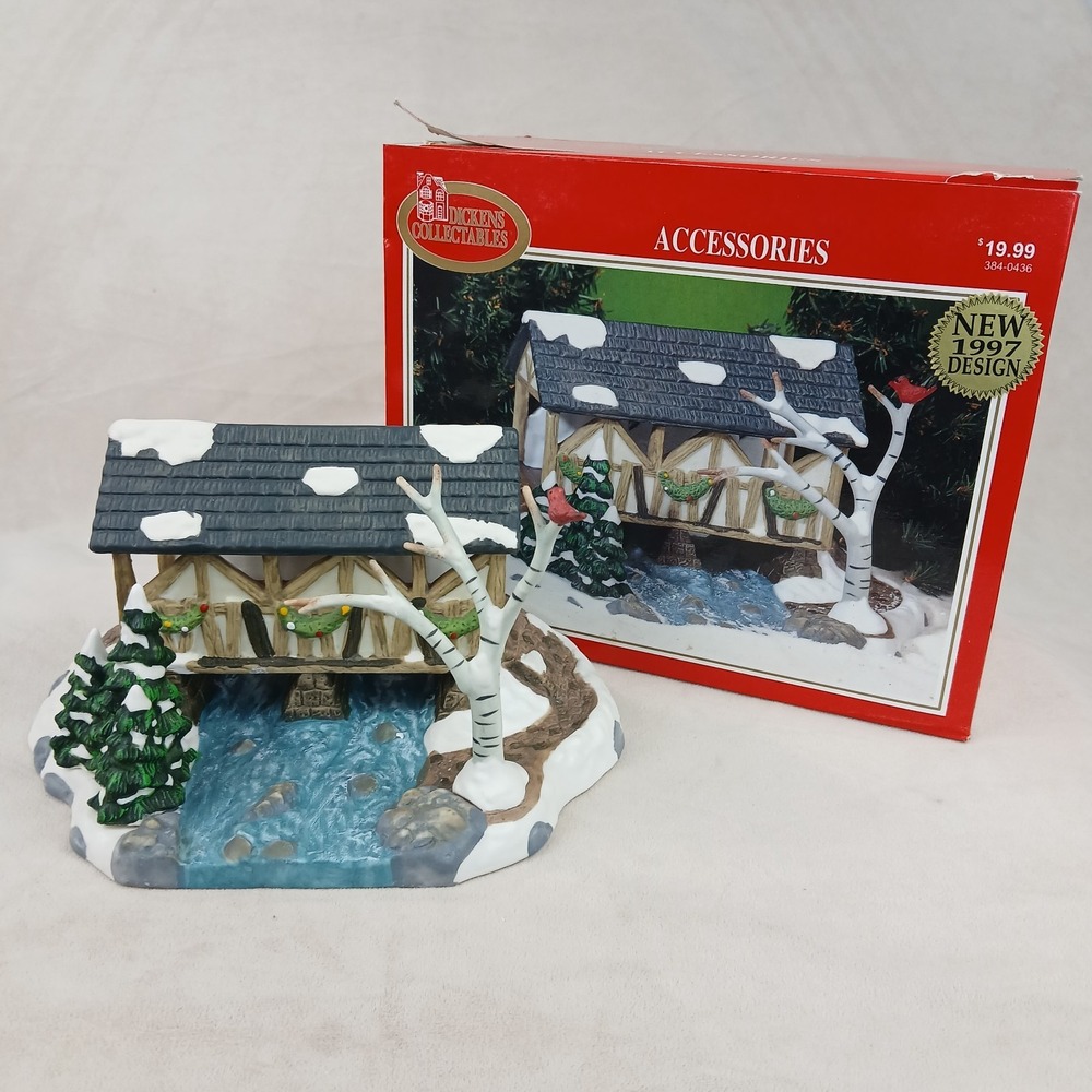 1997 Dickens Collectibles Hand Painted Porcelain‎ Covered Bridge With Tree New